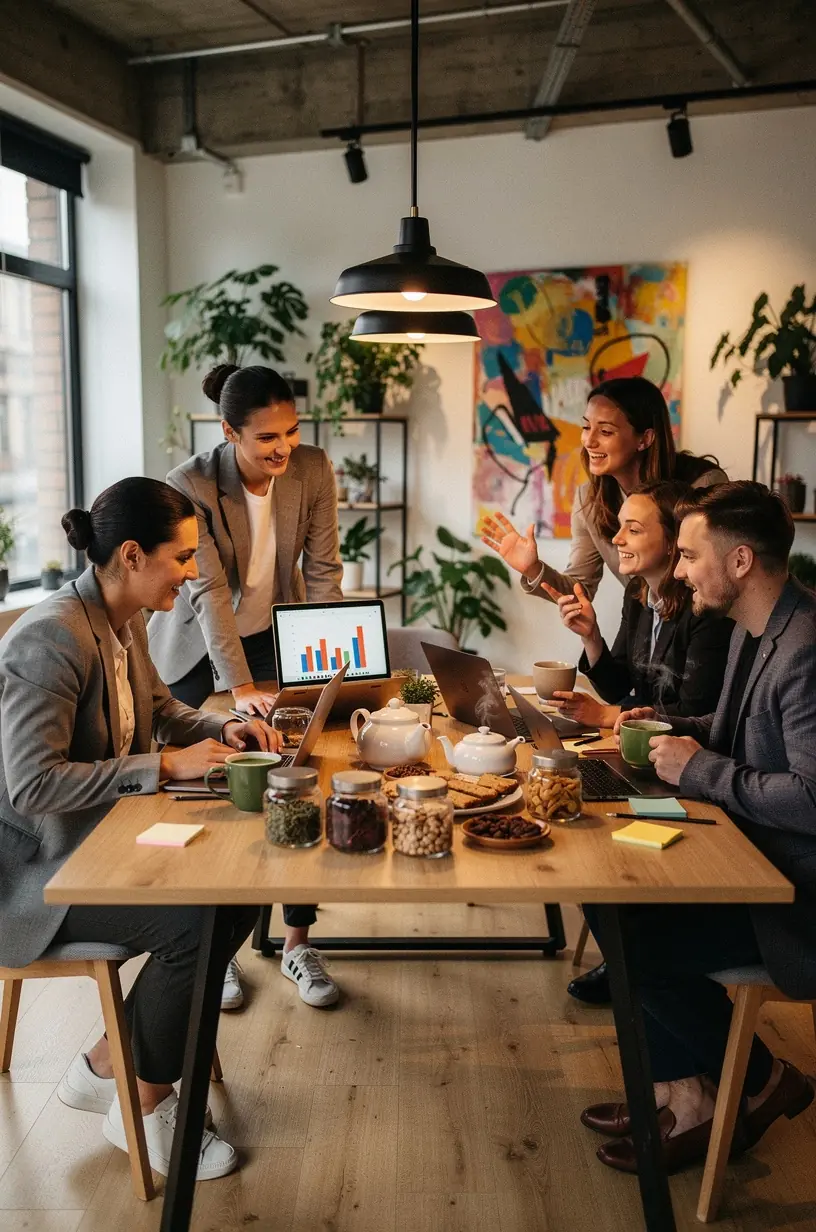 Stilingas arbatos rinkinys su įvairiomis arbatos rūšimis, pabrėžiantis sveikų įpročių kūrimą ir atsipalaidavimą.