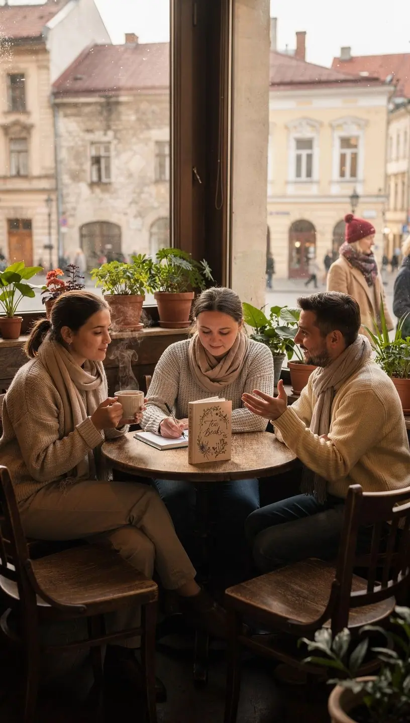 Ramus darbo kampelis su arbatos puodeliu, kompiuteriu ir užrašų knygele, reprezentuojantis produktyvų ir subalansuotą dienos ritmą.